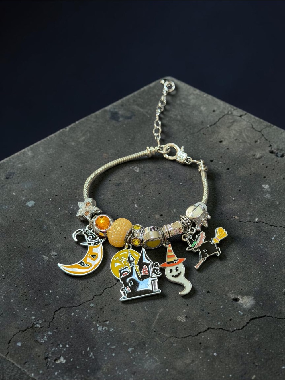 Halloween Charm Bracelet for Women ā Yellow Enamel Ghost & Moon Charms